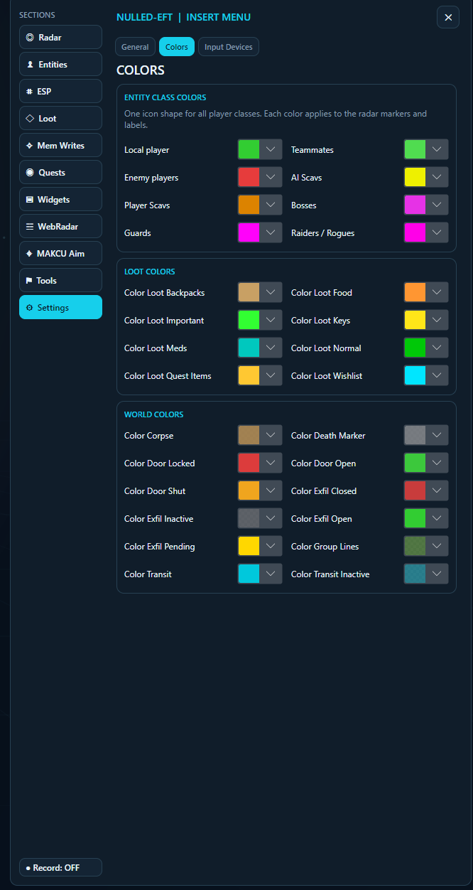 Nulled-EFT color customization: colors for entities, loot and world markers