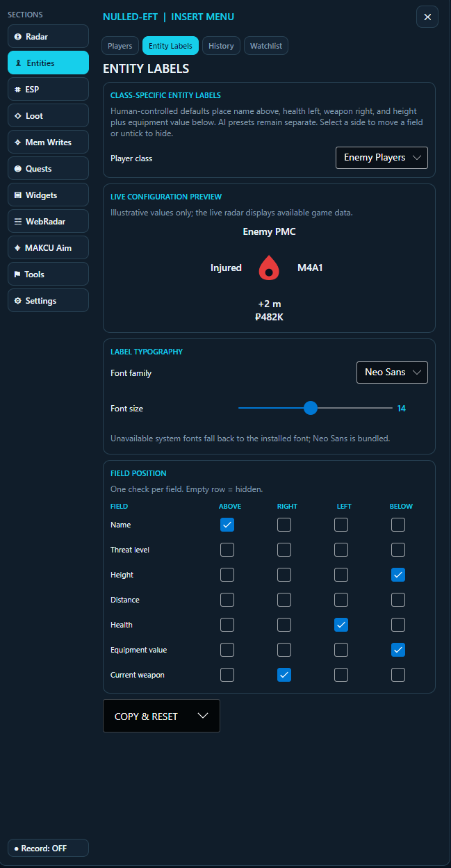 Nulled-EFT player labels: class-specific labels and field positions