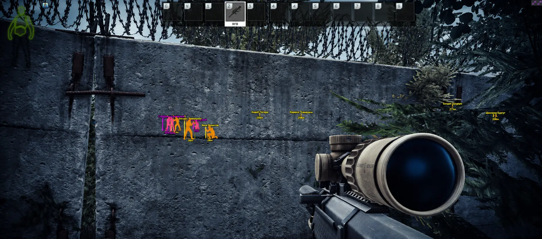 Stylized Tarkov gameplay capture with Nulled-EFT colored entity silhouettes and distance labels