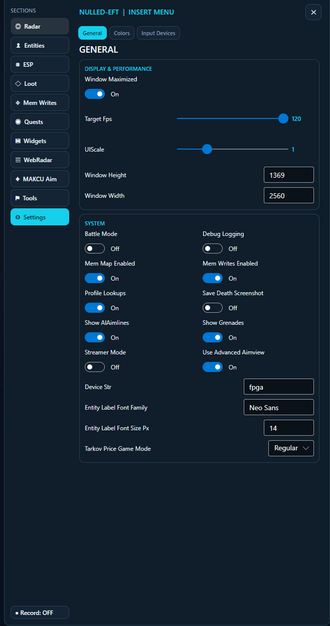 Nulled-EFT general settings: display, performance and system preferences