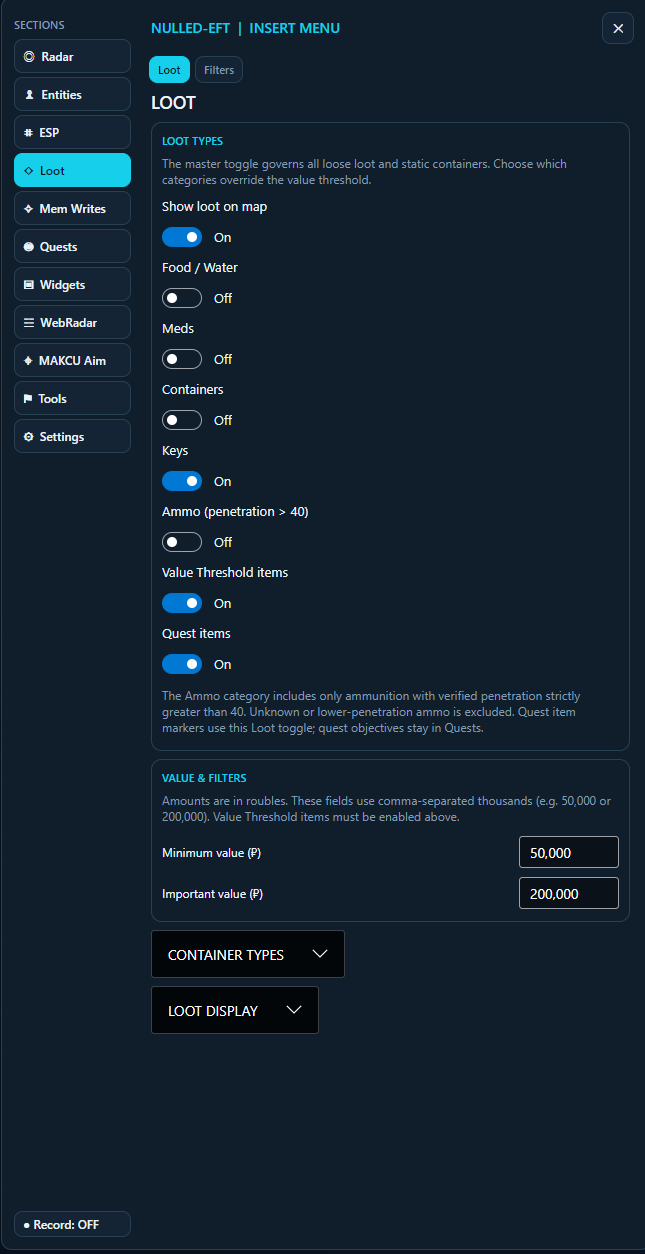 Nulled-EFT loot filters: loot categories and value thresholds