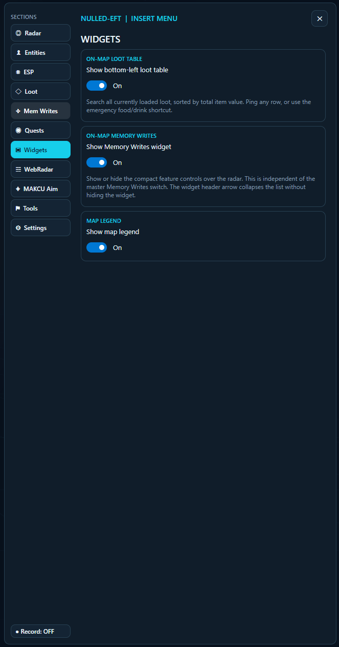 Nulled-EFT map widgets: loot table, legend and on-map controls