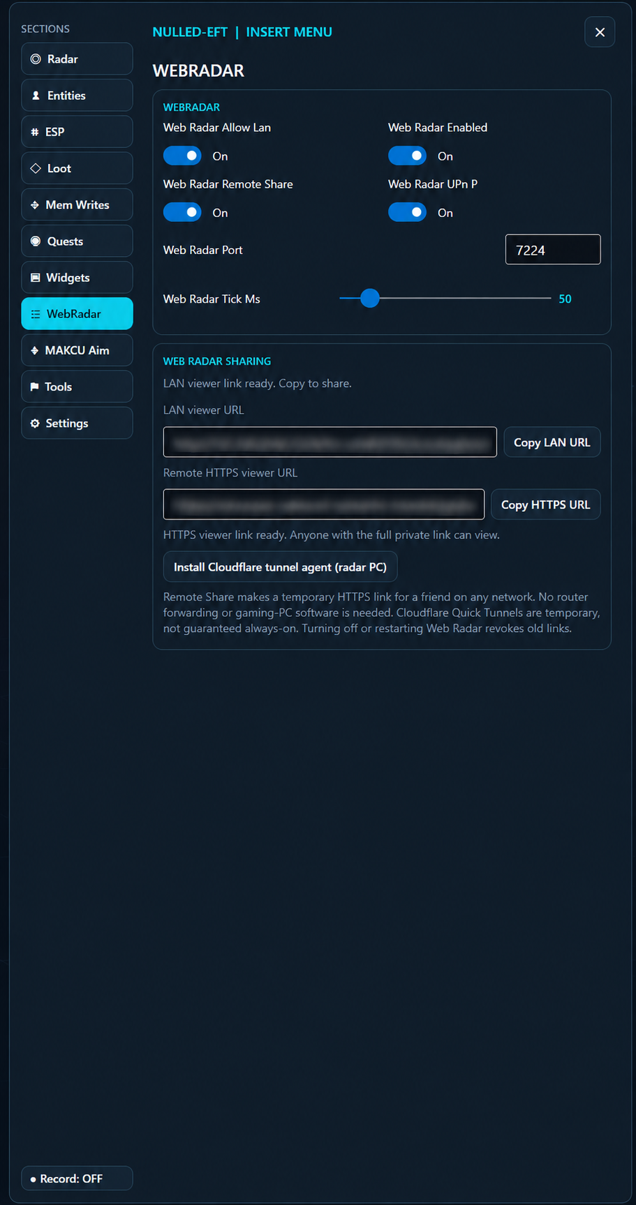 Nulled-EFT WebRadar settings with remote sharing enabled and both private viewer links blurred